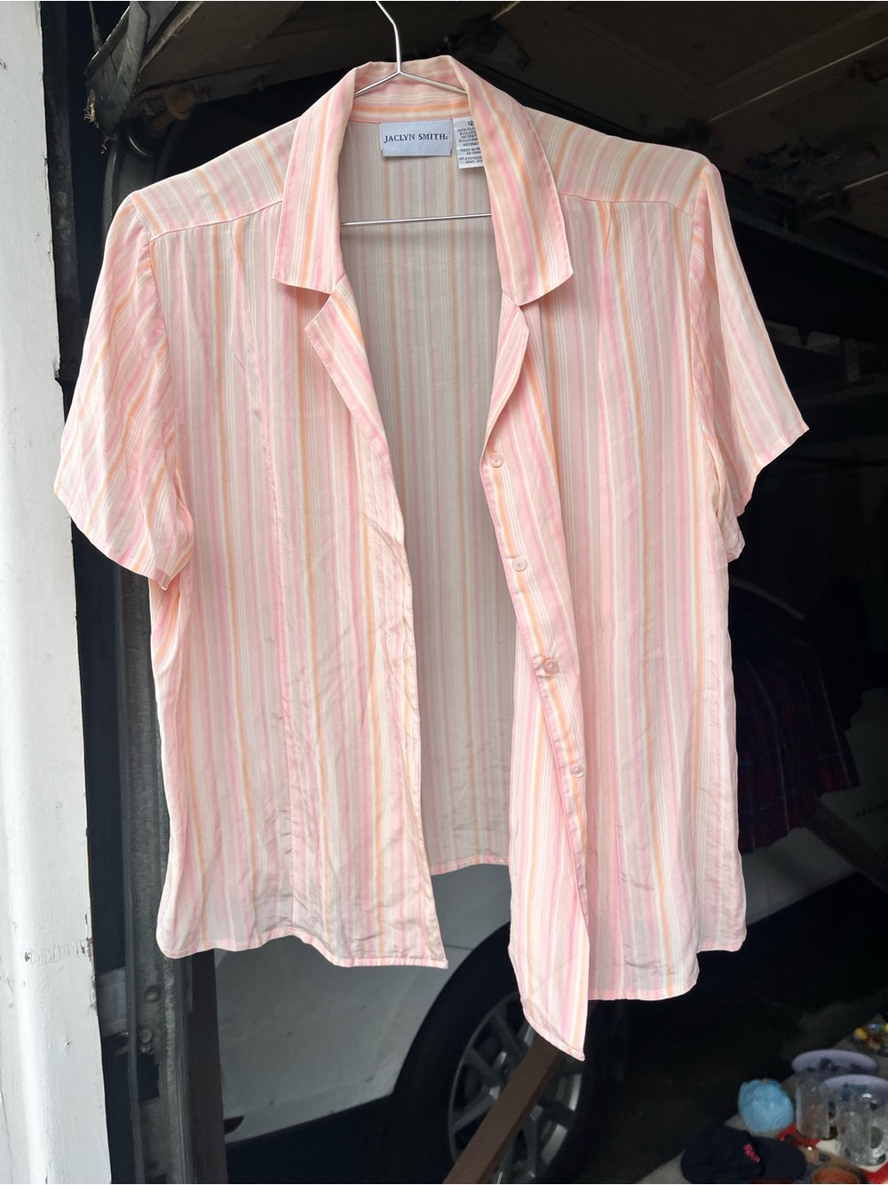 Jaclyn Smith Pastel Pink & Cream Striped Silk Short-Sleeve Button-Up